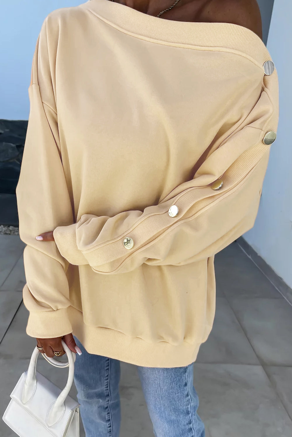 Buttoned Sleeve Dropped Shoulder Sweatshirt | Beige