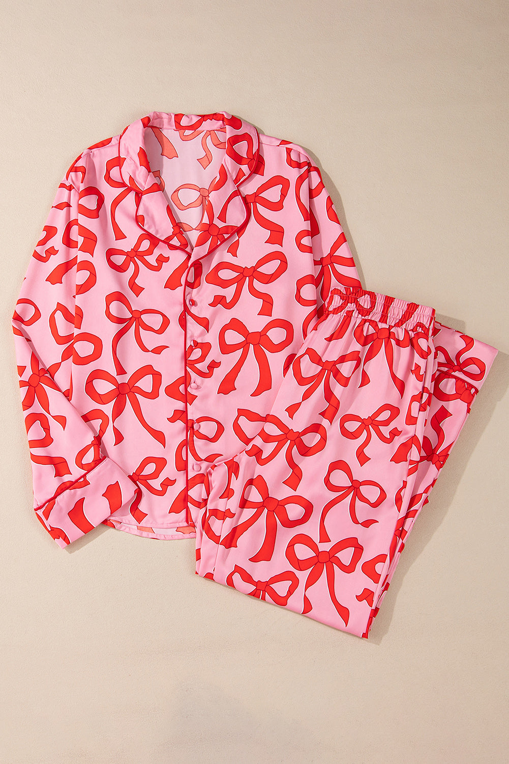 2Pcs Bow Print Shirt Style Long Sleeve Pajama Set | Pink