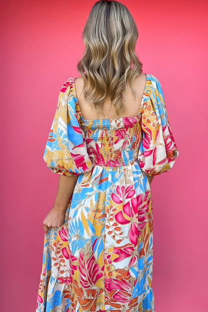 Tropical Print Smocked Bodice Puff Sleeve Maxi Dress | Rose Red