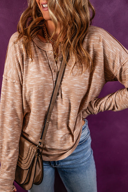 Rib Knit Drop Shoulder Long Sleeve Henley Top | Chestnut