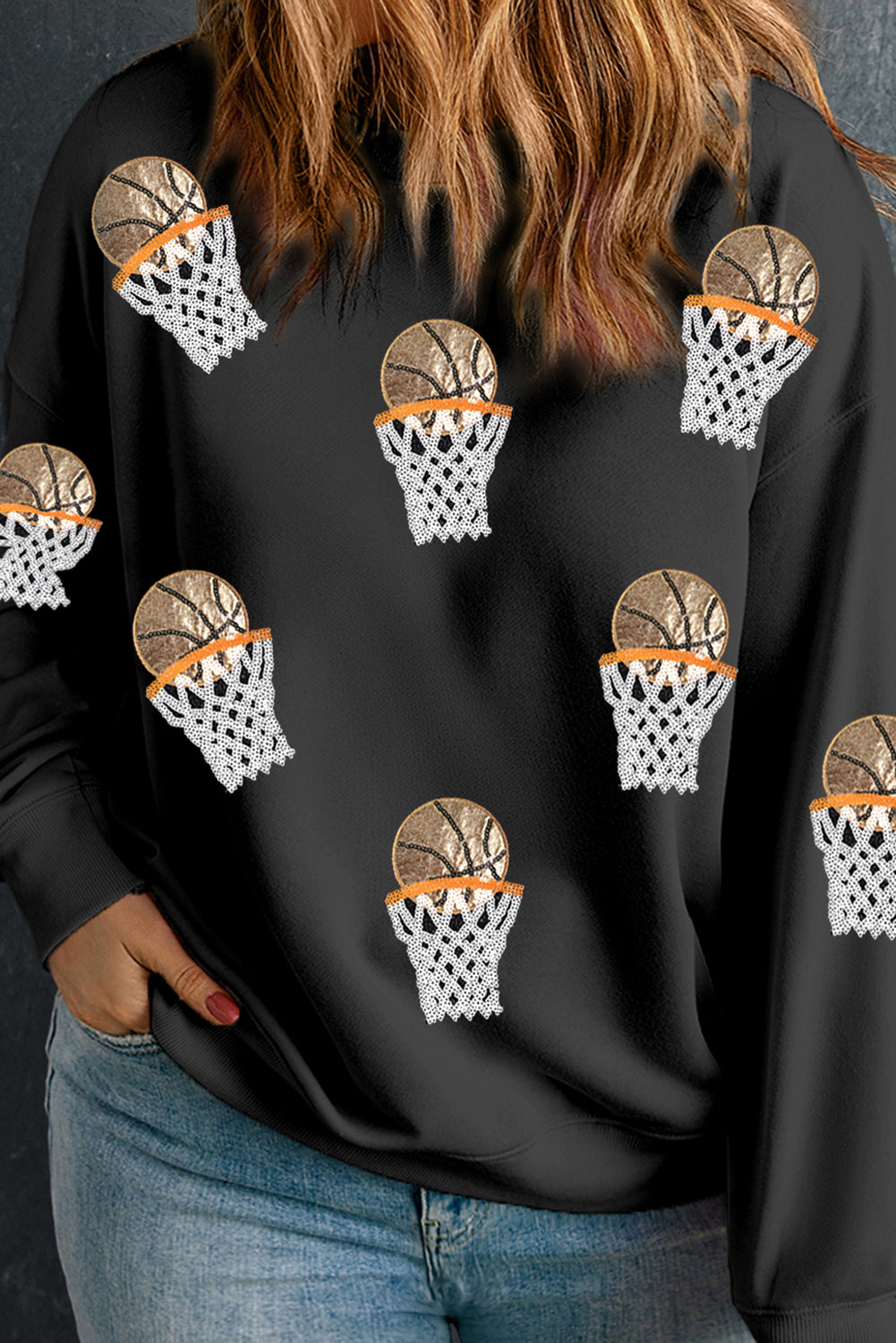 Black Plus Size Game Day Basketball Graphic Rugby Football Sweatshirt