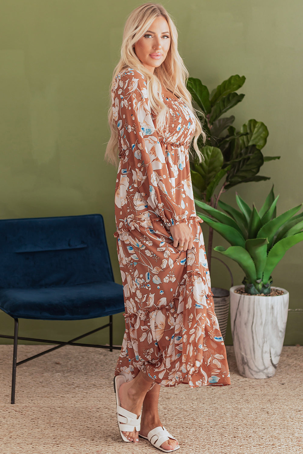 Floral Print Shirred Square Neck High Waist Maxi Dress | Brown