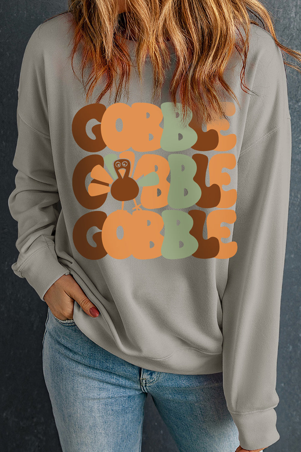 Gobble Turkey Graphic Drop Shoulder Pullover Sweatshirt | Gray