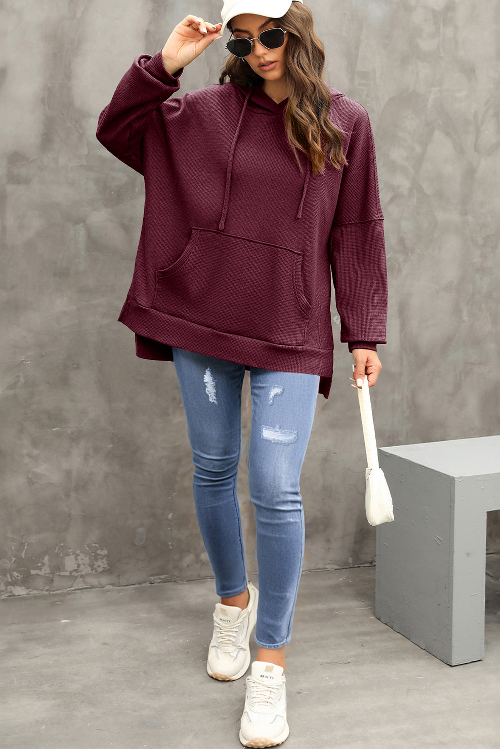 Waffle Knit Fleece Lined High Low Oversized Hoodie | Red Dahlia