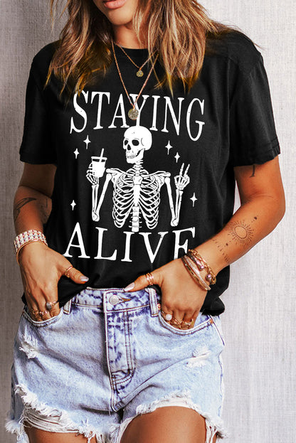 Staying Alive Funny Skeleton Print Round Neck T Shirt | Black