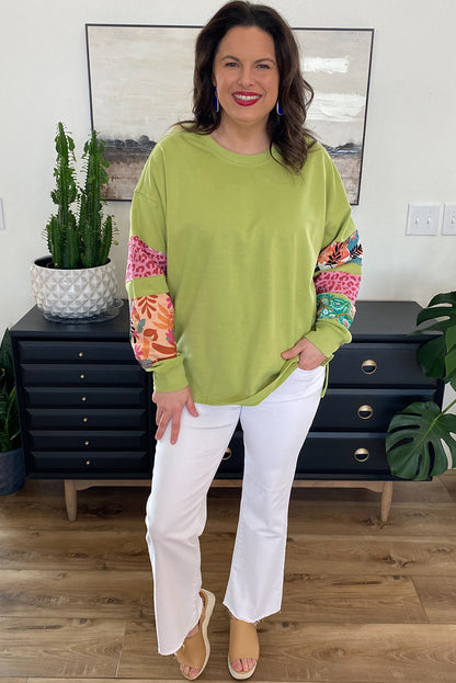 Plus Size Printed Patchwork Sleeve Split Sweatshirt | Green