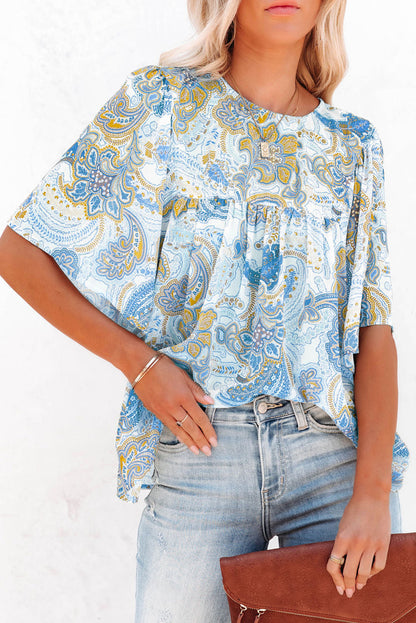 Paisley Print Wide Sleeves Loose Blouse | Sky Blue