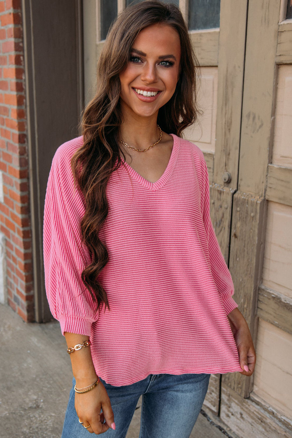 Striped Print Bracelet Sleeve V Neck Top | Strawberry Pink