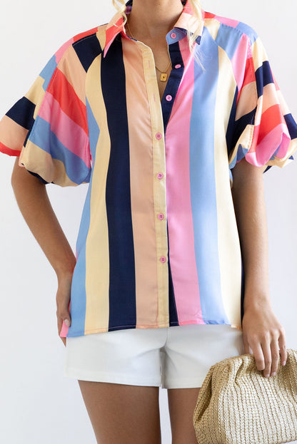 Colour Block Striped Puff Sleeve Buttoned Shirt | Multicolour