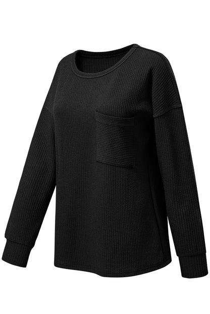 Solid Colour Corded Drop Shoulder Long Sleeve Top | Black