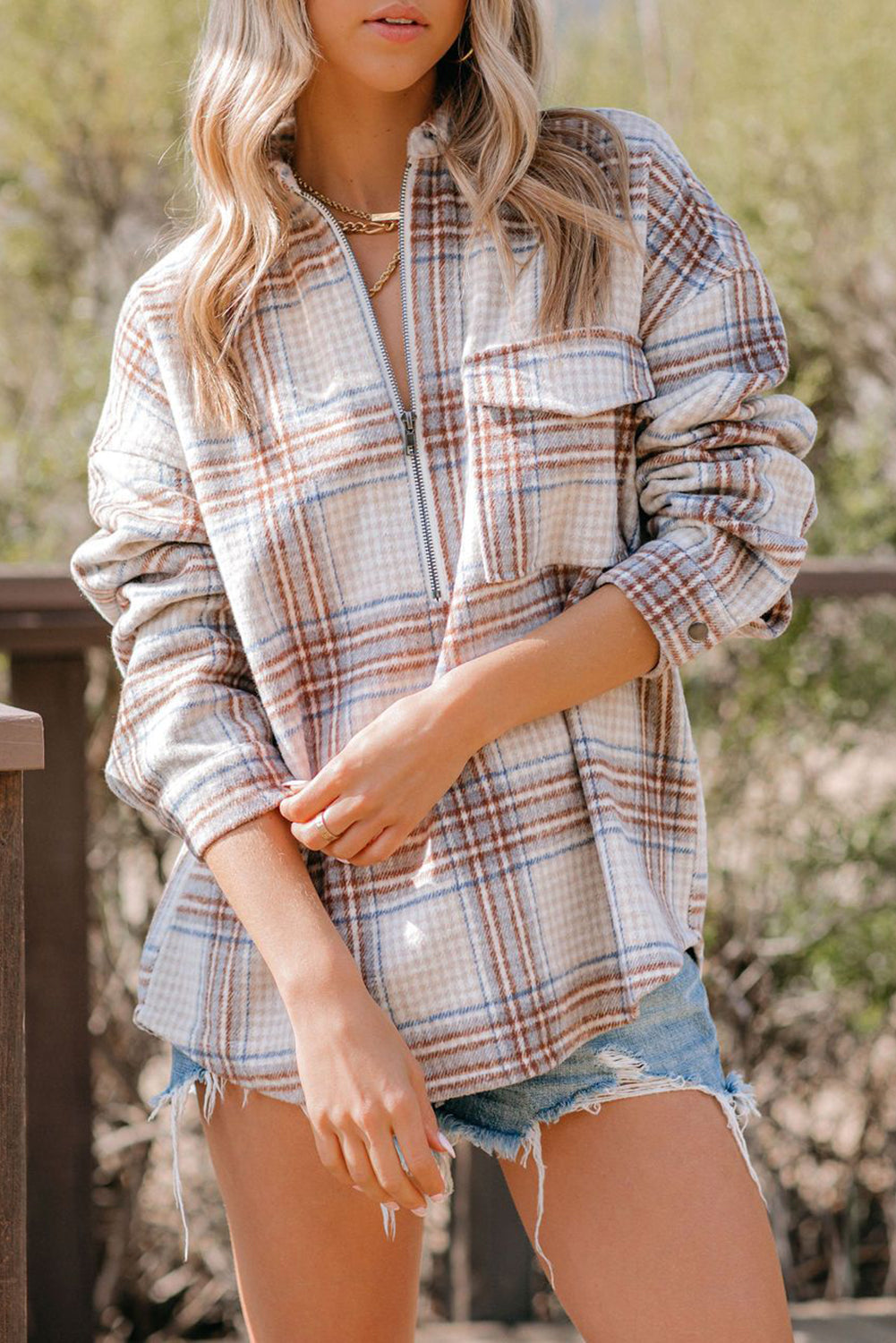 Chest Pocket Plaid Half Zip Sweatshirt | Apricot