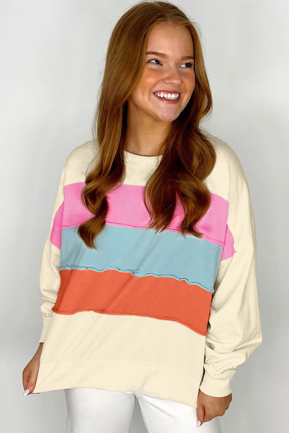 Colourblock Patchwork Crewneck Drop Shoulder Sweatshirt | White