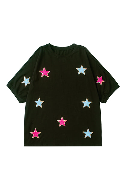 Sequin Chenille Star Pattern Plus Size Tee | Black