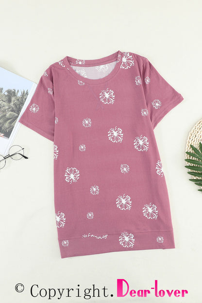 Dandelion Print Crew Neck T-Shirt | Pink