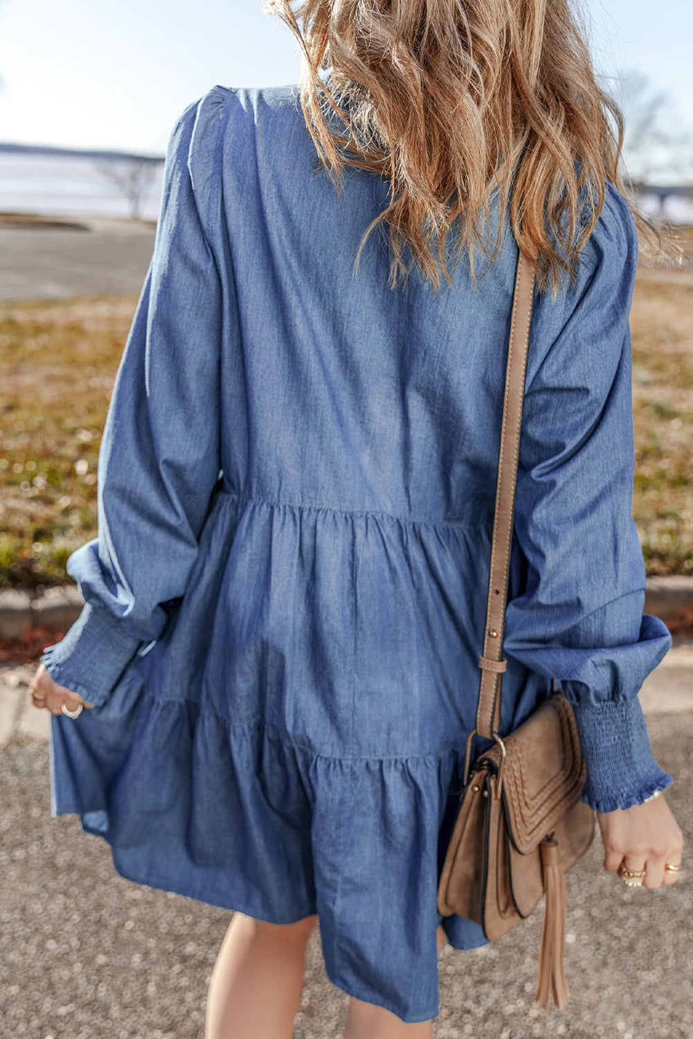 Smocked Cuff Buttoned Tiered Denim Mini Dress | Dusk Blue