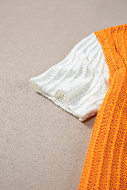 Textured Knit Colourblock Short Sleeve Sweater | Orange