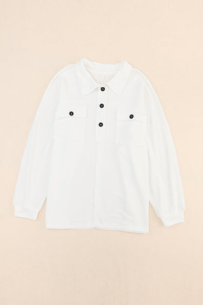 Plus Size Long Sleeve Flap Pocket Henley Top | White