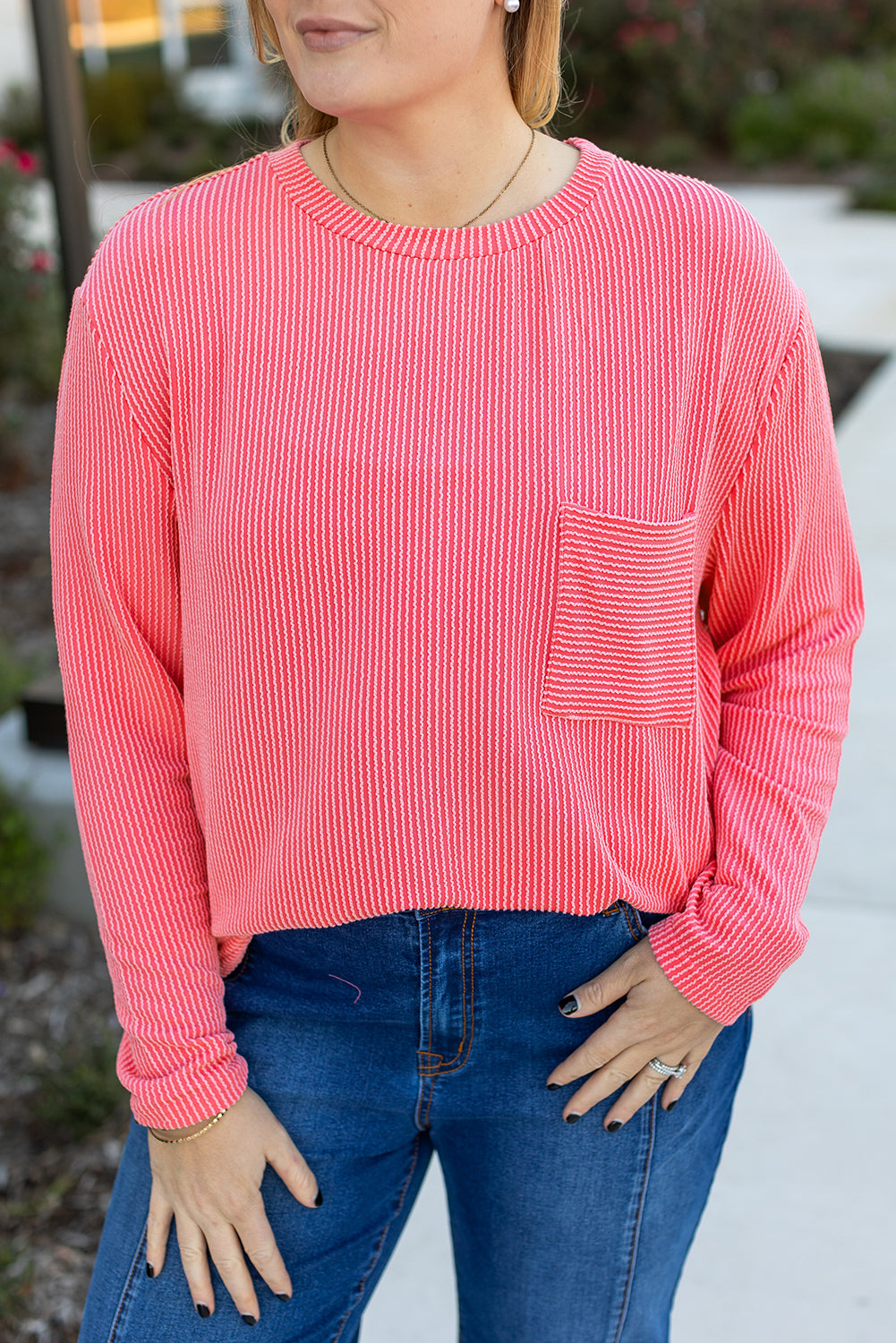 Plus Size Ribbed Textured Long Sleeve T Shirt | Peach Blossom