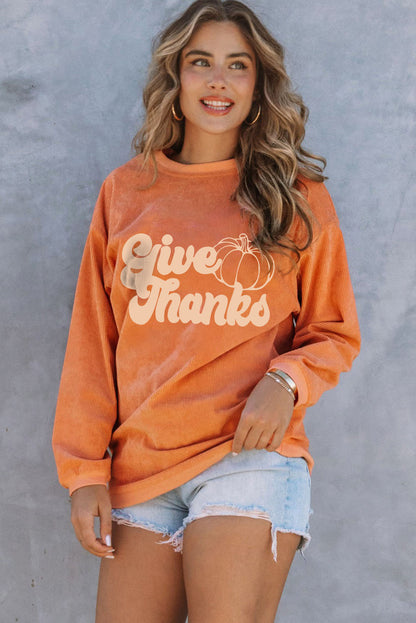 Give Thanks Pumpkin Graphic Corded Sweatshirt | Orange