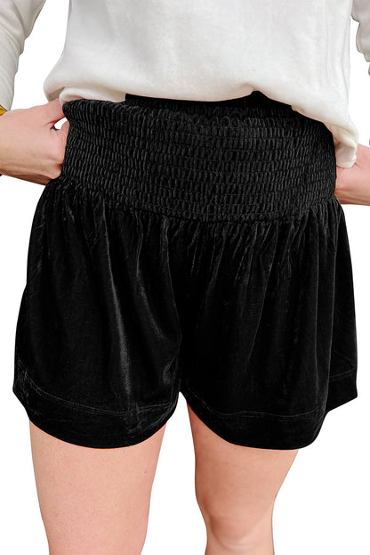 Smocked High Waist Velvet Shorts | Black