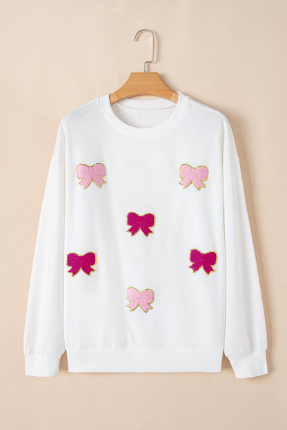 Chenille Bowknot Graphic Drop Shoulder Baggy Sweatshirt | White