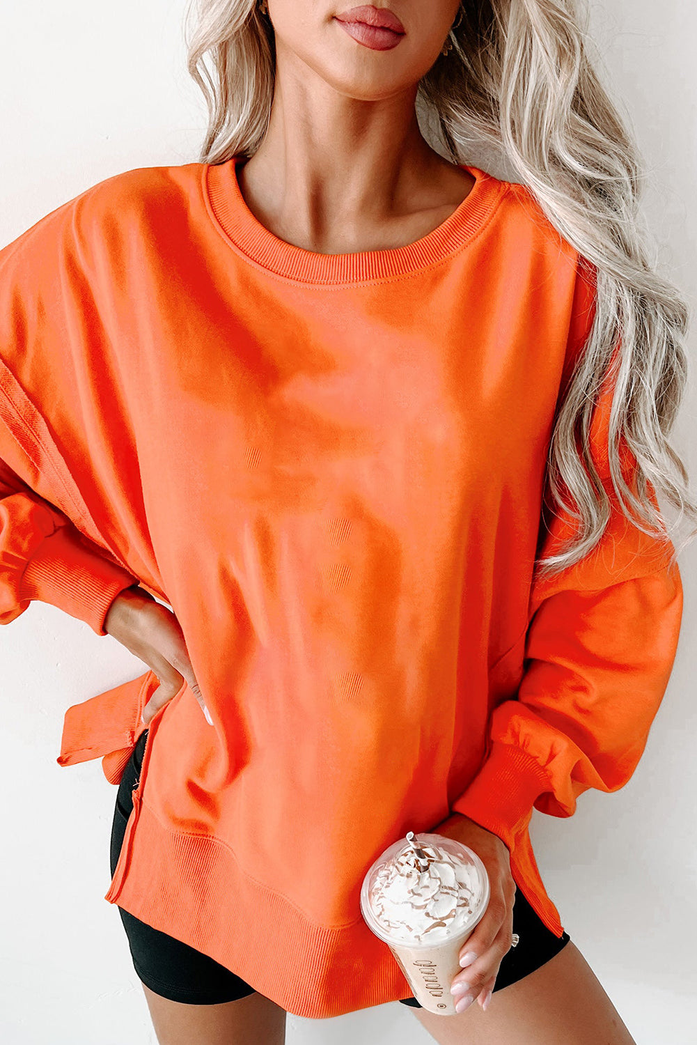 Exposed Seam Drop Shoulder Round Neck Sweatshirt With Slits | Carrot