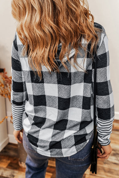 Plaid Striped Patchwork Drawstring Hoodie | Multicolour