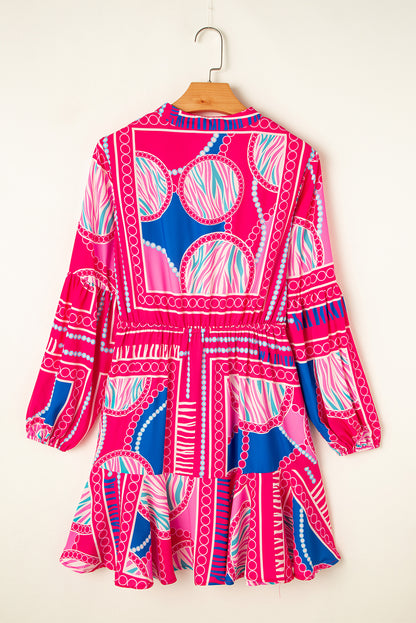 Boho Abstract Printed Puff Sleeve Drawstring Waist Ruffled Mini Dress | Rose