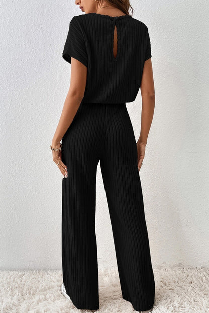 Solid Colour Ribbed Short Sleeve Wide Leg Jumpsuit | Black