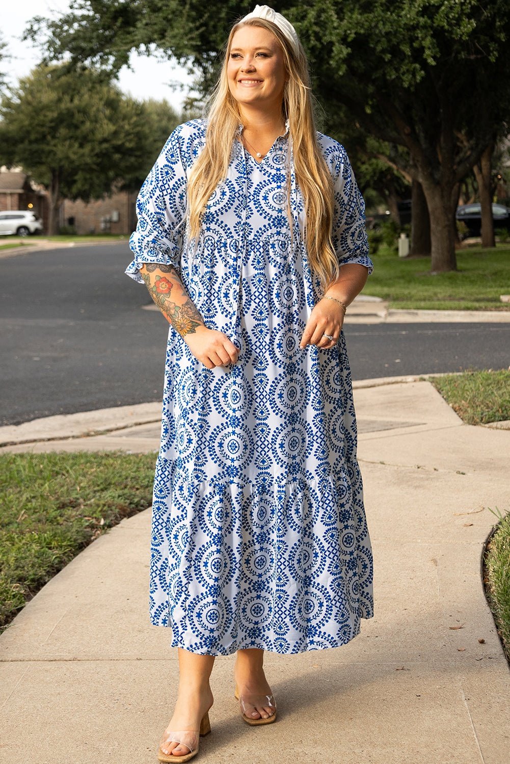 Geometric Print Lace-Up Notch Neck Plus Size Maxi Dress | Sky Blue