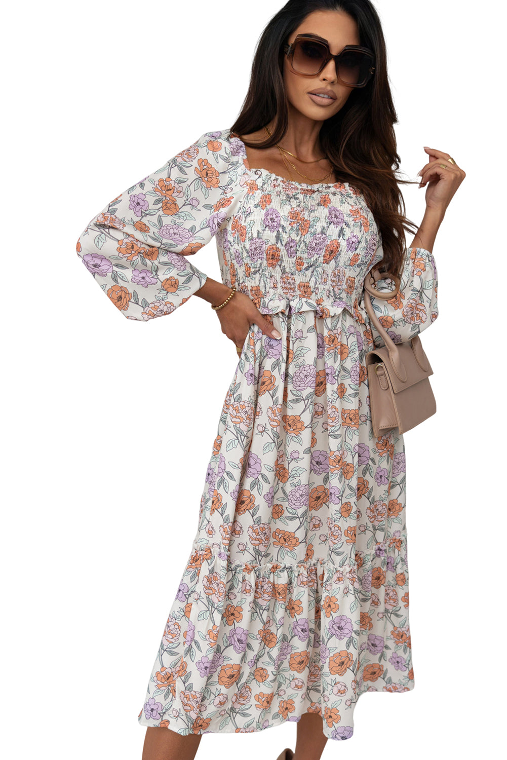 Floral Smocked Long Sleeve Pocketed Dress | Multicolour