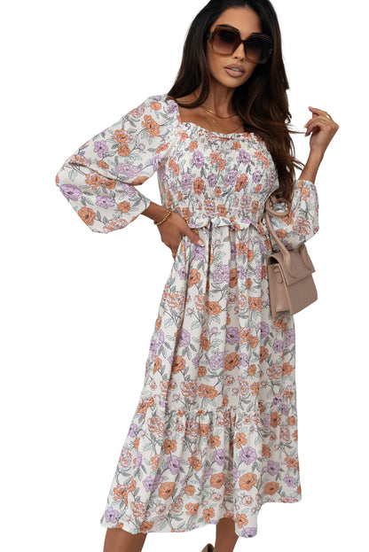 Floral Smocked Long Sleeve Pocketed Dress | Multicolour