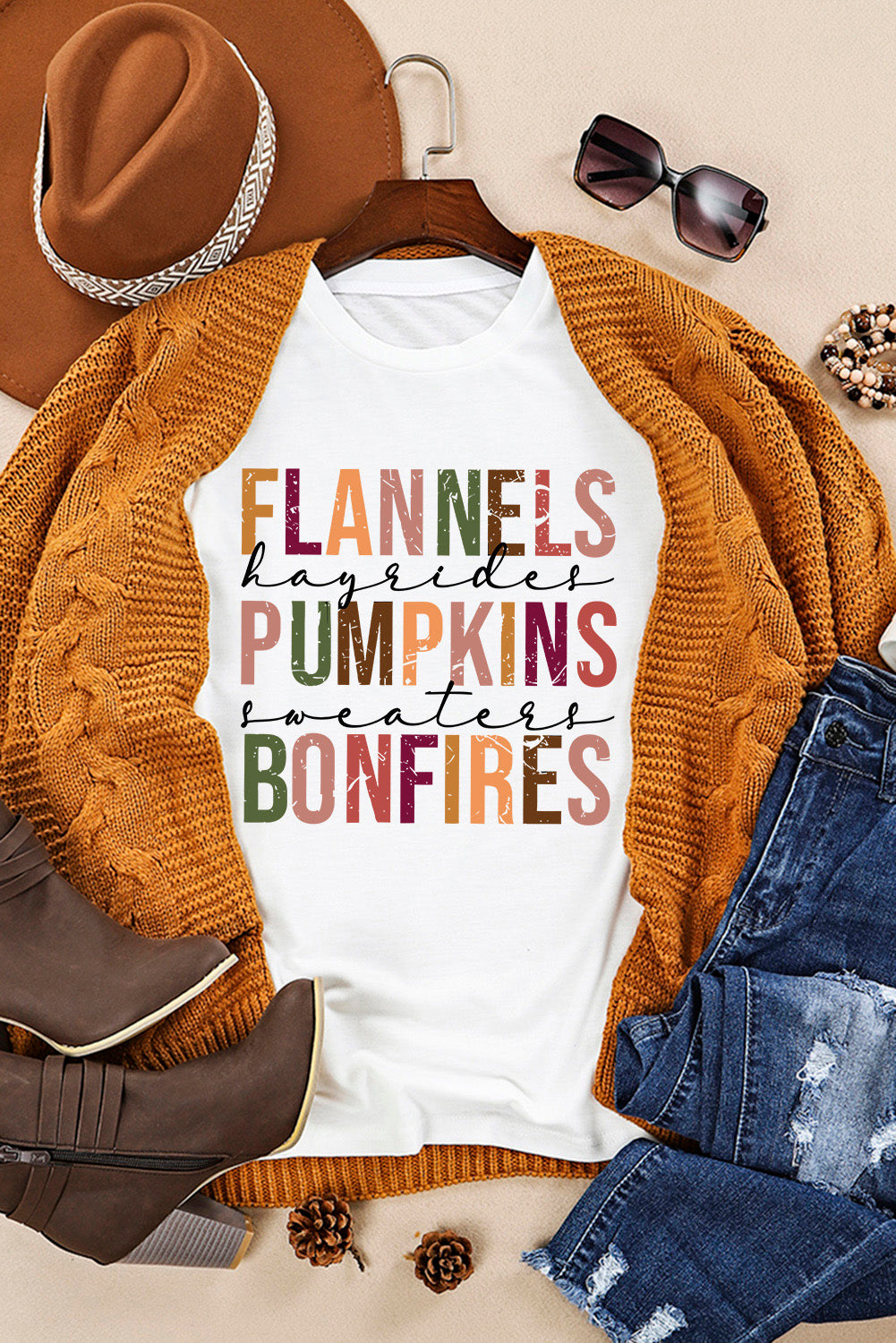 Flannels Pumpkins Bonfires Crewneck Graphic Tee | White