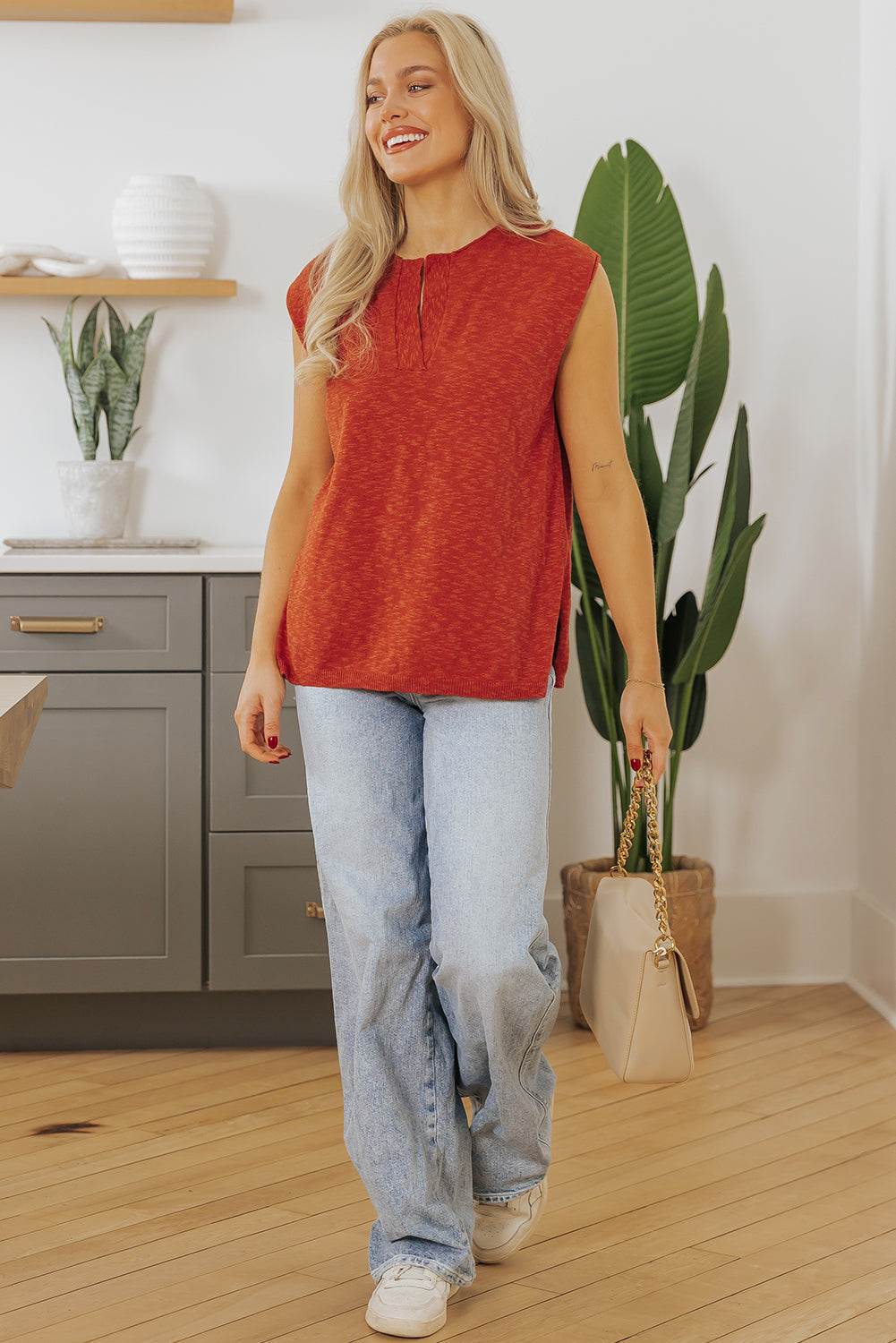 Solid Colour Split V Neck Short Sleeve Sweater | Orange