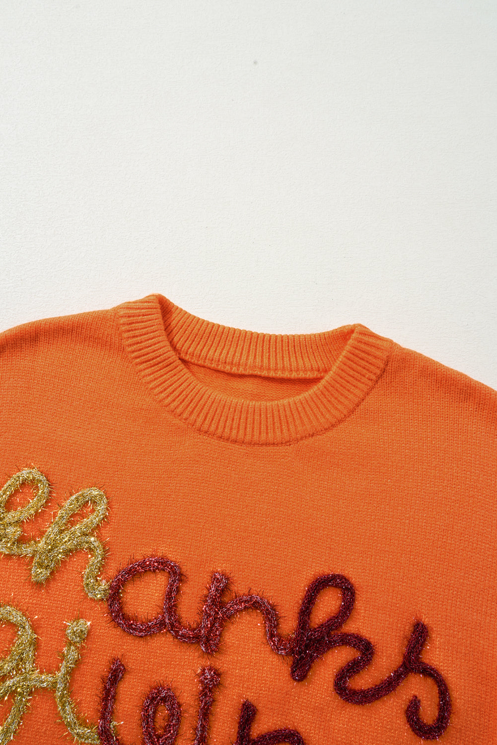 Thanksgiving Tinsel Drop Shoulder Crew Neck Sweater | Russet Orange