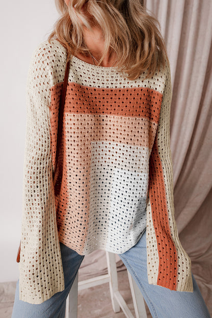 Pointelle Knit Colourblock Baggy Sweater | Apricot