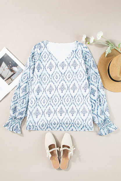 Geometric Print Shirred Puff Sleeve V Neck Blouse | Sky Blue