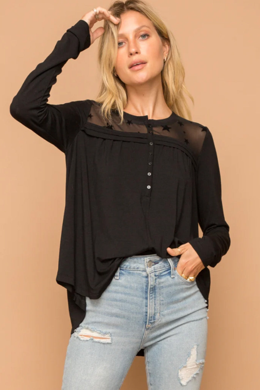 Star Mesh Yoke Draped Detail Blouse | Black