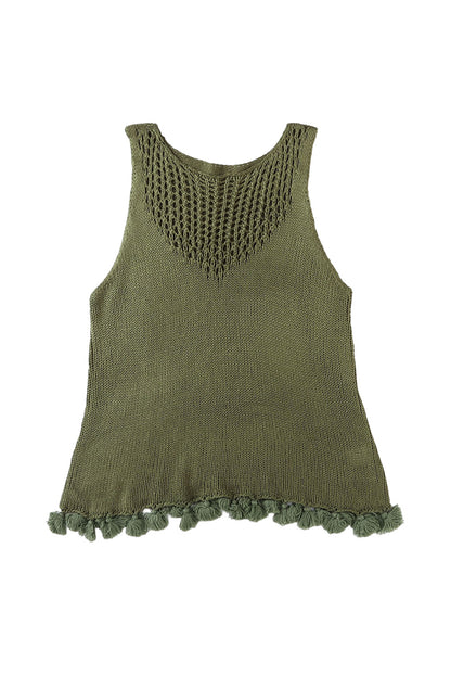 Tasseled Crochet Hollow-Out Knit Tank | Green