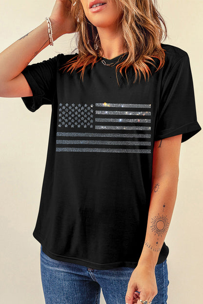 Glittering Rhinestone American Flag Pattern T Shirt | Black