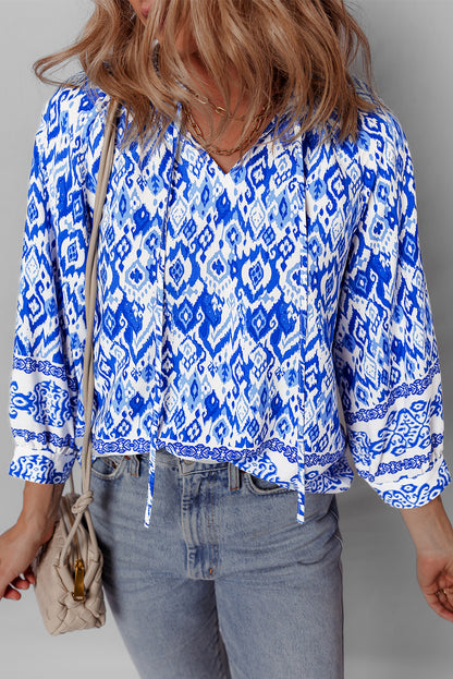 Boho Printed 3/4 Sleeve Tied Neck Blouse | Blue