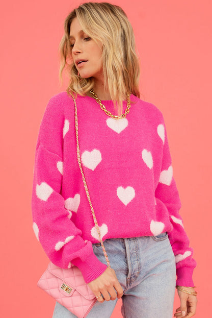 Fuzzy Valentine Hearts Drop Shoulder Sweater | Bright Pink