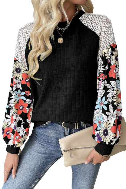 Floral Patchwork Long Sleeve Ribbed Blouse | Black