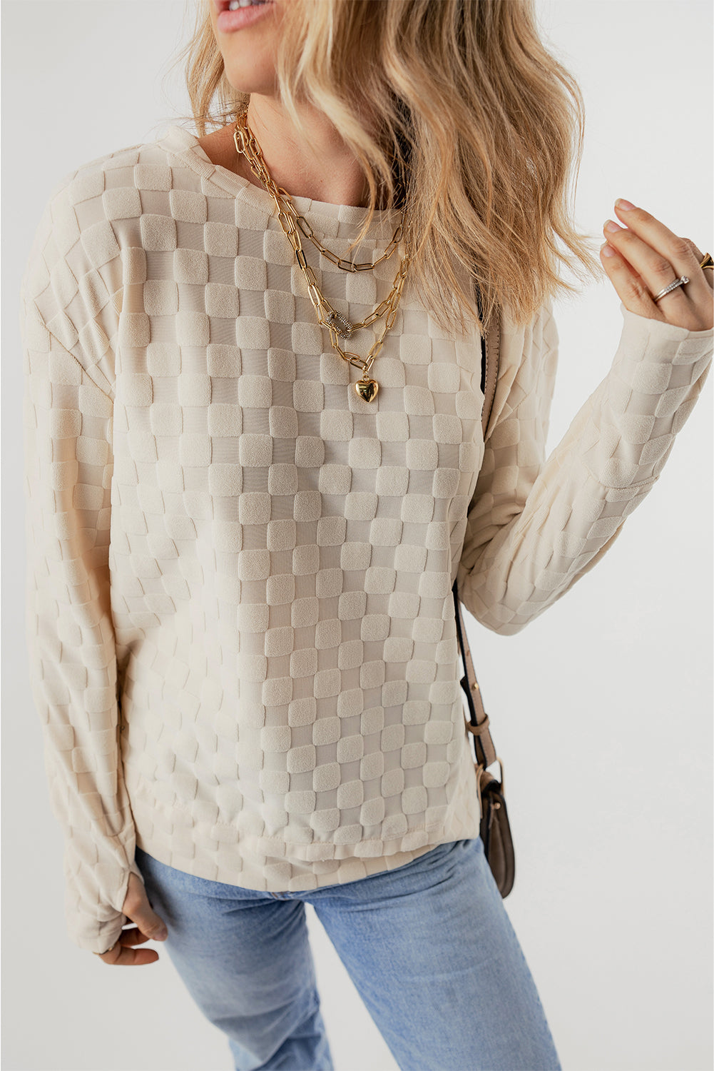 Solid Textured Thumbhole Sleeve Top | Beige