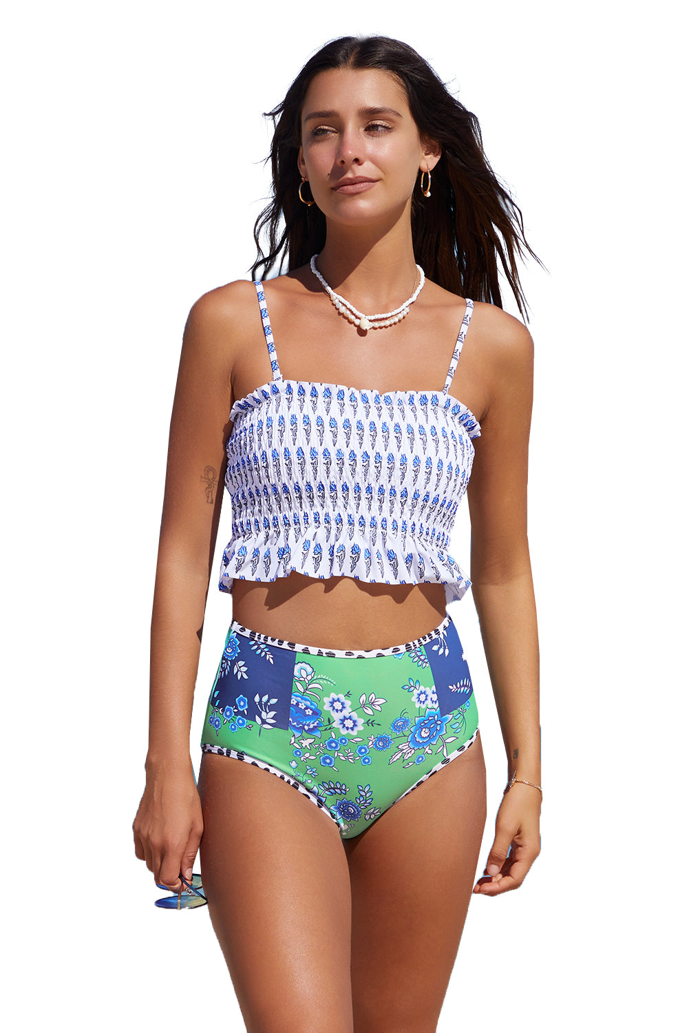 Printed Smocked High Waisted Swimsuits | Blue