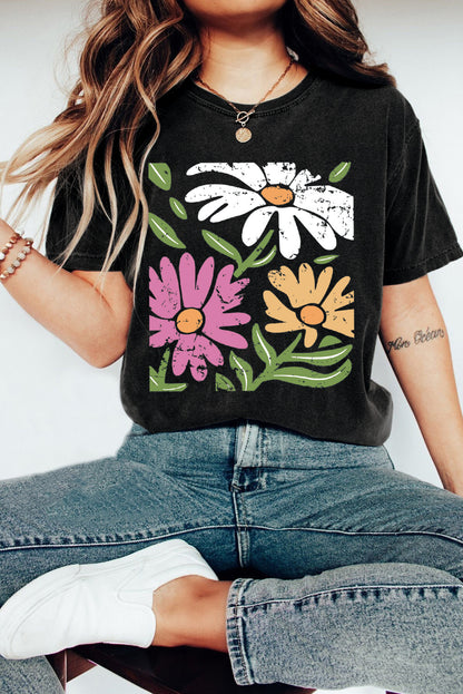 Retro Floral Print Crew Neck Casual T Shirt | Black