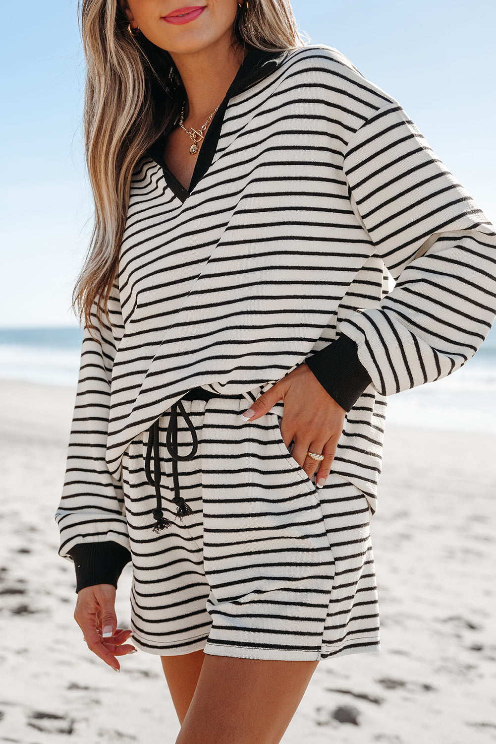 Collared Long Sleeve Top And Drawstring Shorts Set | Black Stripe