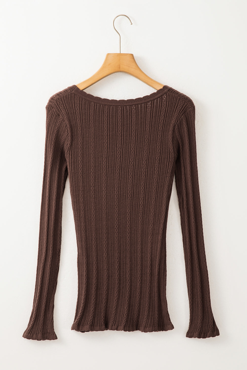 Solid Colour Rib Knit U Neck Slim Fit Long Sleeve Top | Coffee