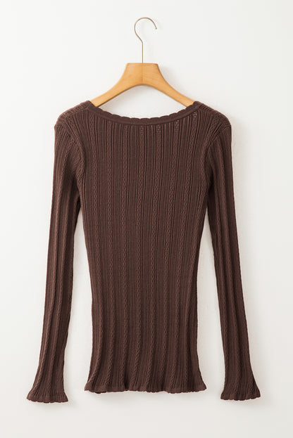 Solid Colour Rib Knit U Neck Slim Fit Long Sleeve Top | Coffee