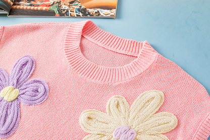 Multi Crochet Flower Knit Short Sleeve Sweater Top | Pink